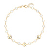 Newport 14k gold bracelet featuring 4 mm briolette gemstones and three 1/4” flat discs engraved with the letters A, B & C