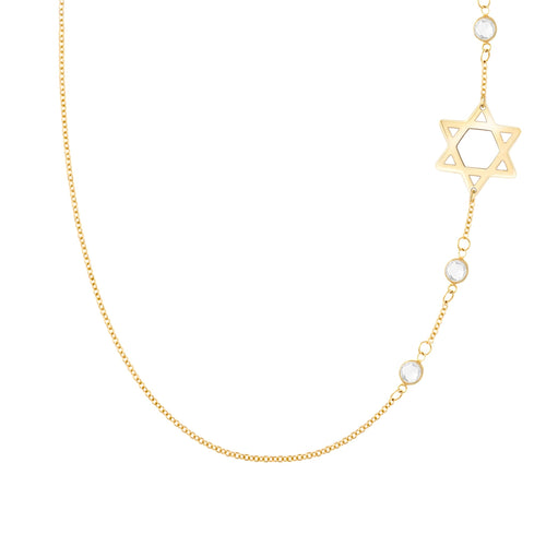 14k yellow gold Classic necklace featuring three birthstones and a 1/2" cutout Star of David - front view