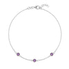 Bayberry 1.17 mm cable chain bracelet featuring three 4 mm briolette cut amethysts bezel set in 14k white gold