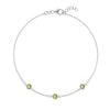 Bayberry 1.17 mm cable chain birthstone bracelet featuring three 4 mm briolette peridots bezel set in 14k white gold