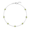 Bayberry 1.17 mm cable chain birthstone bracelet featuring seven 4 mm briolette peridots bezel set in 14k white gold