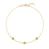 Bayberry 1.17 mm cable chain birthstone bracelet featuring three 4 mm briolette peridots bezel set in 14k gold - front view
