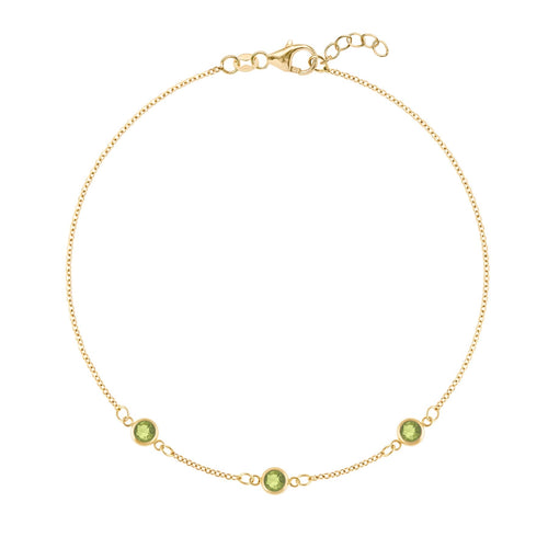 Bayberry 1.17 mm cable chain birthstone bracelet featuring three 4 mm briolette peridots bezel set in 14k gold - front view