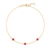 Bayberry 1.17 mm cable chain birthstone bracelet featuring three 4 mm briolette rubies bezel set in 14k gold - front view