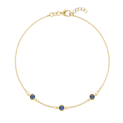 Bayberry 1.17 mm cable chain birthstone bracelet featuring three 4 mm briolette sapphires bezel set in 14k gold - front view