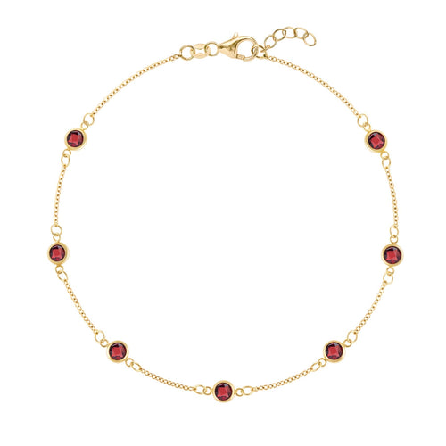 Bayberry 1.17 mm cable chain birthstone bracelet featuring seven 4 mm briolette garnets bezel set in 14k gold - front view