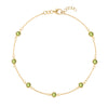 Bayberry 1.17 mm cable chain birthstone bracelet featuring seven 4 mm briolette peridots bezel set in 14k gold - front view