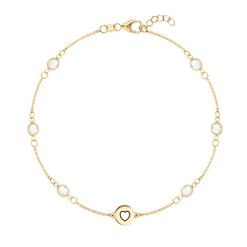 14k yellow gold Classic bracelet featuring six birthstones and one 1/4” flat disc engraved with a heart symbol - front view