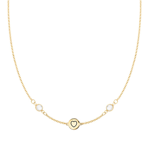 14k gold Classic necklace featuring two birthstones and one 1/4” flat disc engraved with a heart symbol - front view