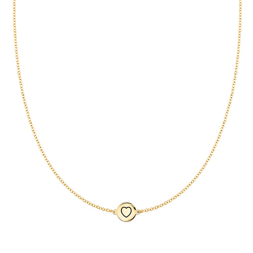 14k yellow gold 1.17 mm cable chain necklace featuring one 1/4” flat disc engraved with a heart - front view