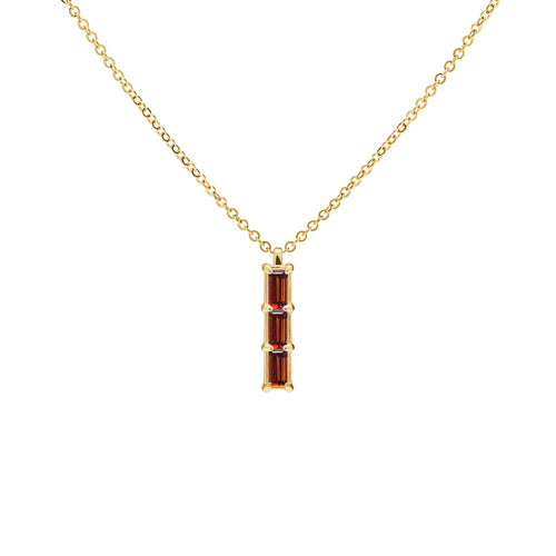 Providence 3 Garnet pendant and stud earrings set with petite baguette stones set in 14k yellow gold - front view