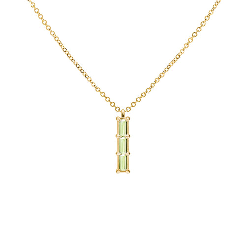 Providence Peridot vertical bar pendant featuring 3 petite baguette stones set in 14k yellow gold - front view