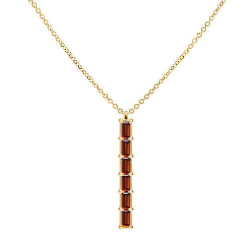 Providence vertical bar pendant featuring 6 petite Garnet baguette stones set in 14k yellow gold - front view