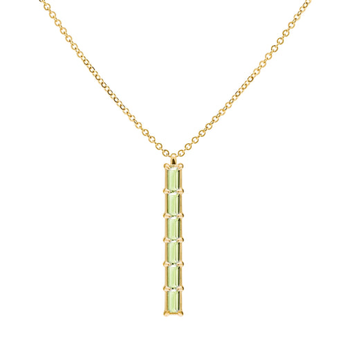 Providence vertical bar pendant featuring 6 petite Peridot baguette stones set in 14k yellow gold - front view