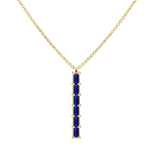Providence vertical bar pendant featuring 6 petite Sapphire baguette stones set in 14k yellow gold - front view