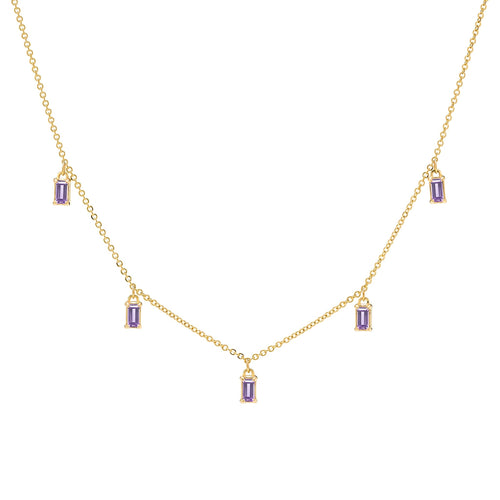 Providence 5 Amethyst drop necklace with petite baguette cut stones set in 14k yellow gold - front view