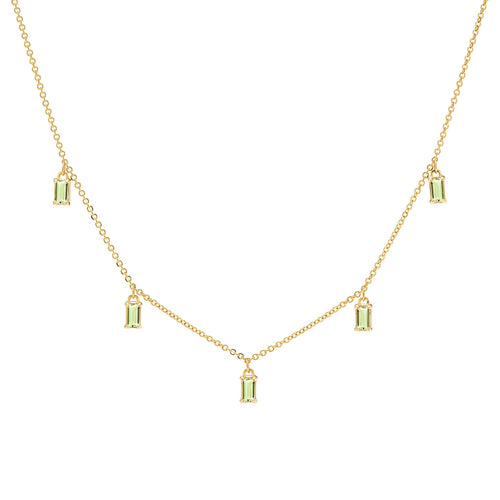 Providence 5 Peridot drop necklace with petite baguette cut stones set in 14k yellow gold - front view