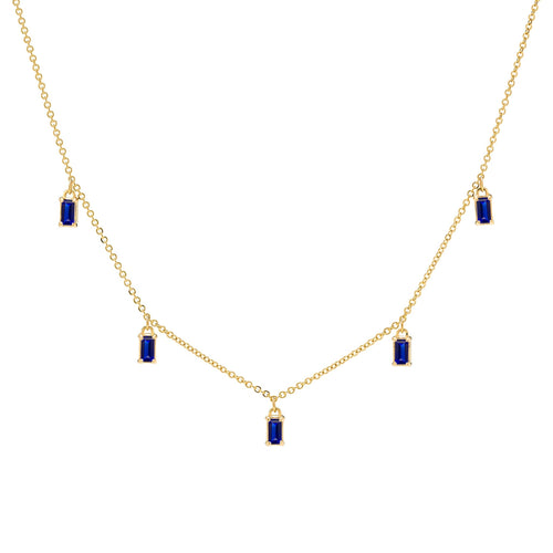 Providence 5 Sapphire drop necklace with petite baguette cut stones set in 14k yellow gold - front view