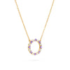 Rosecliff open circle necklace with 16 alternating 2 mm round cut amethysts & diamonds prong set in 14k gold - angled view