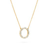Rosecliff open circle necklace with 16 alternating 2 mm round cut aquamarines & diamonds prong set in 14k gold - angled view