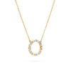 Rosecliff open circle necklace with 16 alternating 2 mm Nantucket blue topaz & diamonds prong set in 14k gold - angled view