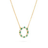 Rosecliff open circle necklace with 16 alternating 2 mm round cut emeralds & diamonds prong set in 14k gold - angled view