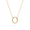 Rosecliff open circle necklace with 16 alternating 2 mm round cut peridots & diamonds prong set in 14k gold - angled view