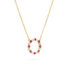 Rosecliff open circle necklace with sixteen alternating 2 mm round cut rubies & diamonds prong set in 14k gold - angled view