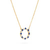 Rosecliff open circle necklace with sixteen alternating 2 mm faceted sapphires & diamonds prong set in 14k gold - angled view