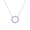 Rosecliff open circle necklace with sixteen alternating 2 mm round cut amethysts & diamonds prong set in 14k white gold