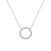 Rosecliff open circle necklace with sixteen 2 mm faceted round cut aquamarines prong set in 14k white gold