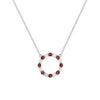Rosecliff open circle necklace with sixteen alternating 2 mm round cut garnets & diamonds prong set in 14k white gold