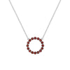 Rosecliff open circle necklace with sixteen 2 mm faceted round cut garnets prong set in 14k white gold