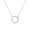 Rosecliff open circle necklace with 16 alternating 2 mm faceted round cut peridots & diamonds prong set in 14k white gold