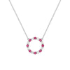 Rosecliff open circle necklace with sixteen alternating 2 mm round cut rubies & diamonds prong set in 14k white gold