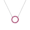 Rosecliff open circle necklace with sixteen 2 mm faceted round cut rubies prong set in 14k white gold