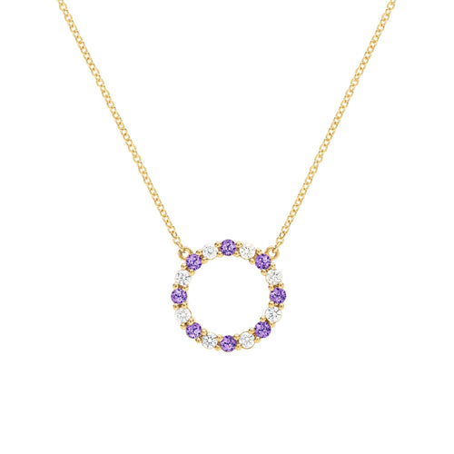Rosecliff open circle necklace with 16 alternating 2 mm round cut amethysts & diamonds prong set in 14k gold - front view