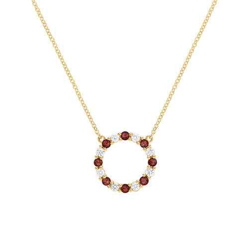 Rosecliff open circle necklace with 16 alternating 2 mm round cut garnets & diamonds prong set in 14k gold - front view