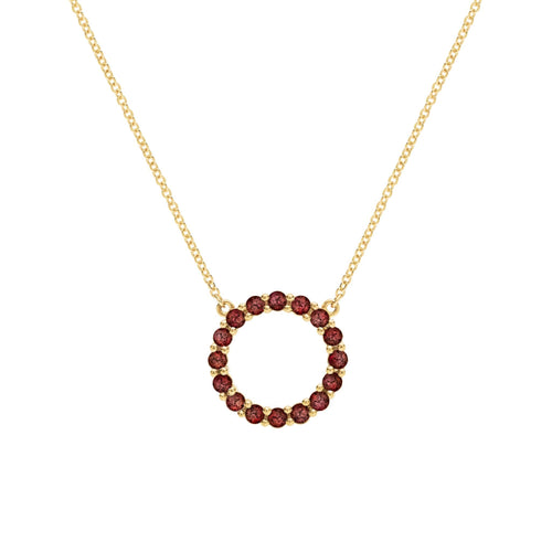 Rosecliff open circle necklace with sixteen 2 mm faceted round cut garnets prong set in 14k yellow gold - front view