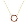Rosecliff open circle necklace with sixteen 2 mm faceted round cut garnets prong set in 14k yellow gold - front view