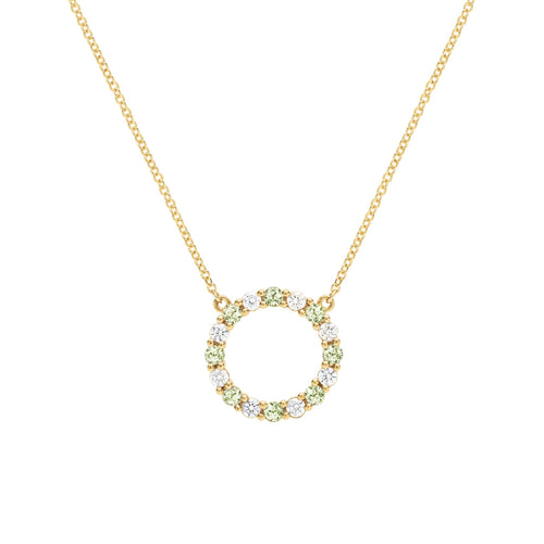 Rosecliff open circle necklace with sixteen alternating 2 mm round cut peridots & diamonds prong set in 14k gold - front view