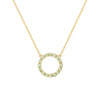 Rosecliff open circle necklace with sixteen 2 mm faceted round cut peridots prong set in 14k yellow gold - front view