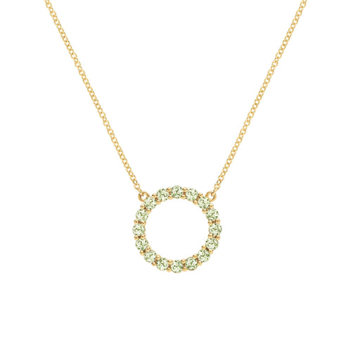 Rosecliff open circle necklace with sixteen 2 mm faceted round cut peridots prong set in 14k yellow gold - front view