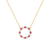 Rosecliff open circle necklace with sixteen alternating 2 mm round cut rubies & diamonds prong set in 14k gold - front view