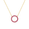 Rosecliff open circle necklace with sixteen 2 mm faceted round cut rubies prong set in 14k yellow gold - front view