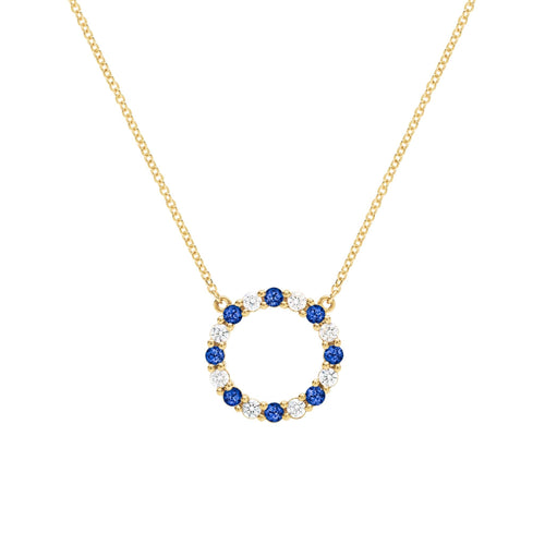 Rosecliff open circle necklace with sixteen alternating 2 mm faceted sapphires & diamonds prong set in 14k gold - front view