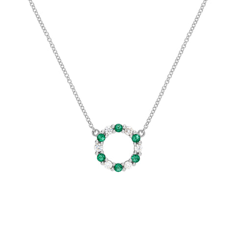 Rosecliff Small Circle Diamond & Emerald Necklace in 14k Gold (May) - White Gold