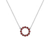 Rosecliff small open circle necklace featuring twelve 2mm faceted round cut garnets prong set in 14k white gold