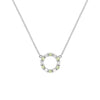 Rosecliff small open circle necklace with 12 alternating 2 mm round cut peridots & diamonds prong set in 14k white gold