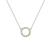 Rosecliff small open circle necklace featuring twelve 2mm faceted round cut Peridots prong set in 14k white gold